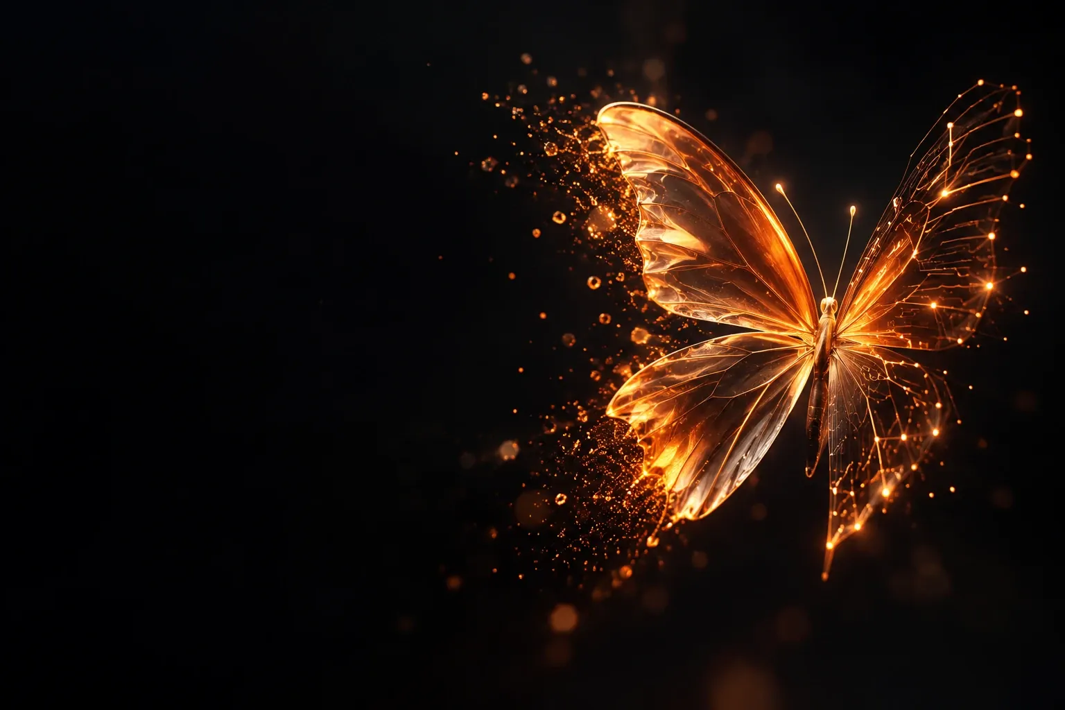 A glowing amber butterfly made of glass and circuit lines, transforming as it takes flight
