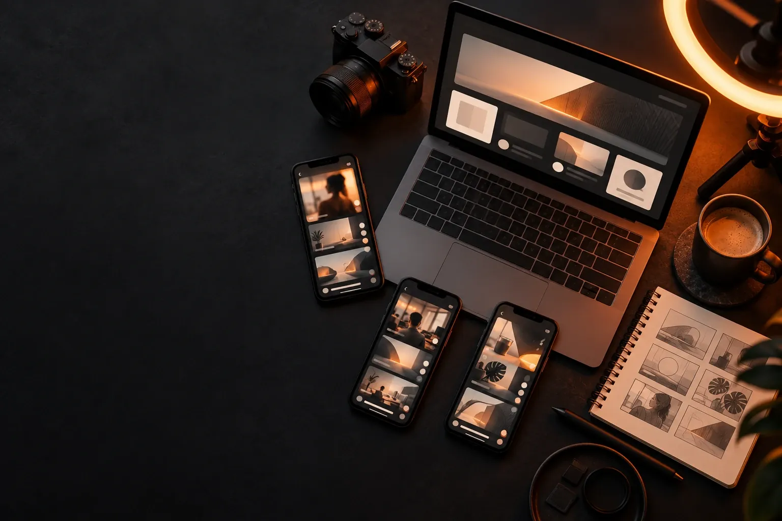 Digital marketing workspace with phones, laptop, camera and ring light for social content
