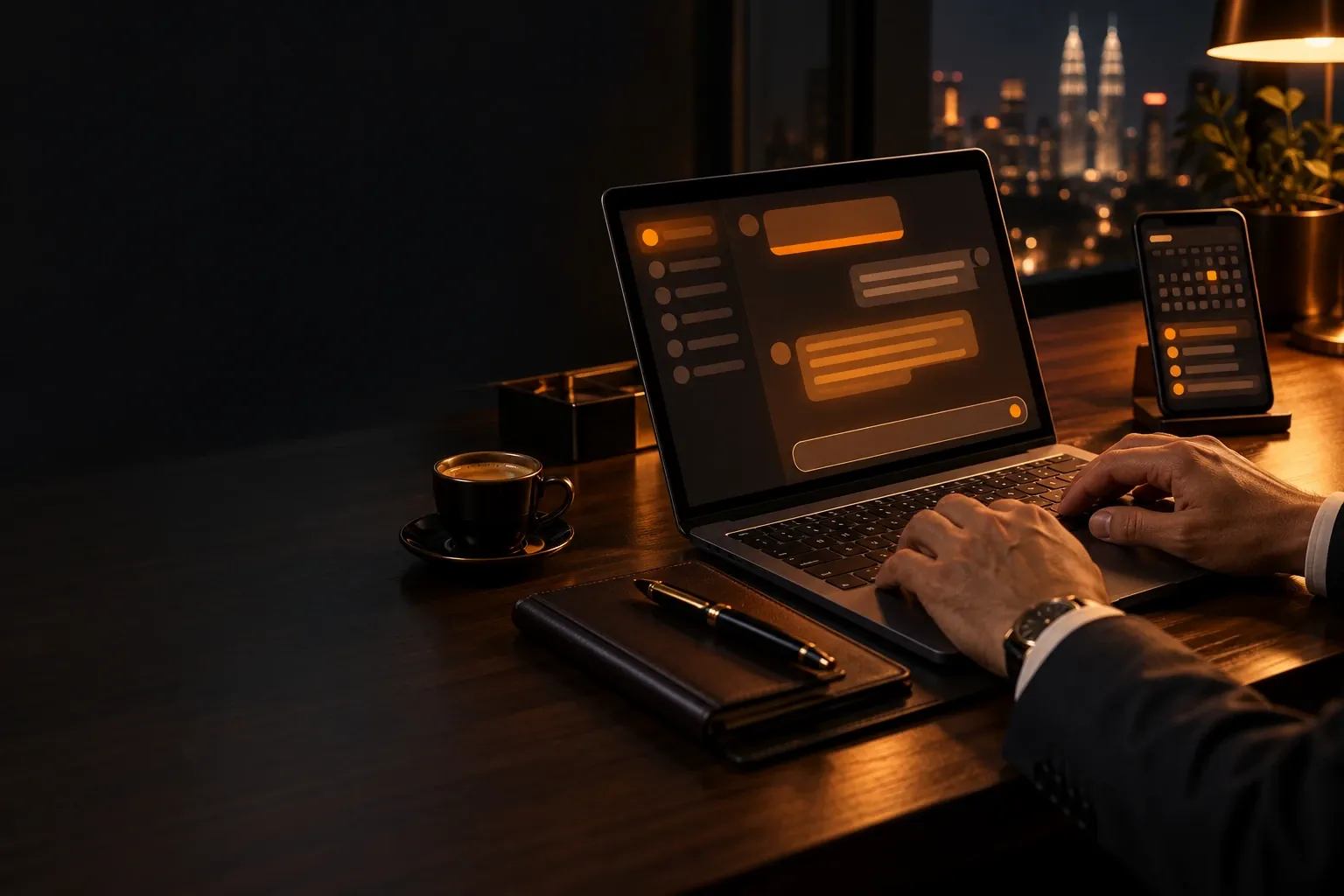 Business owner working with a private AI assistant on a laptop at night