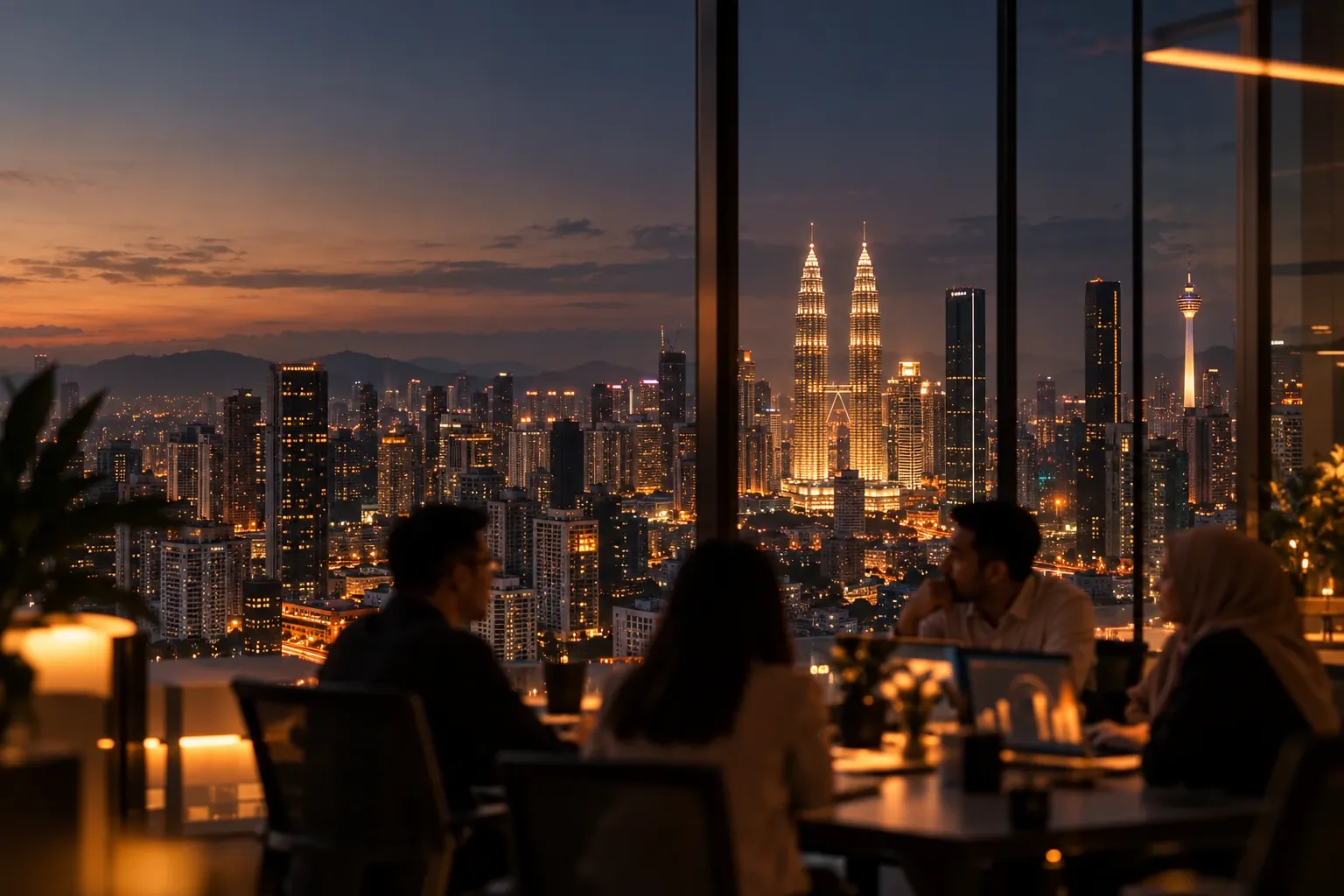 Kuala Lumpur skyline with the Petronas Towers seen from a modern office at dusk